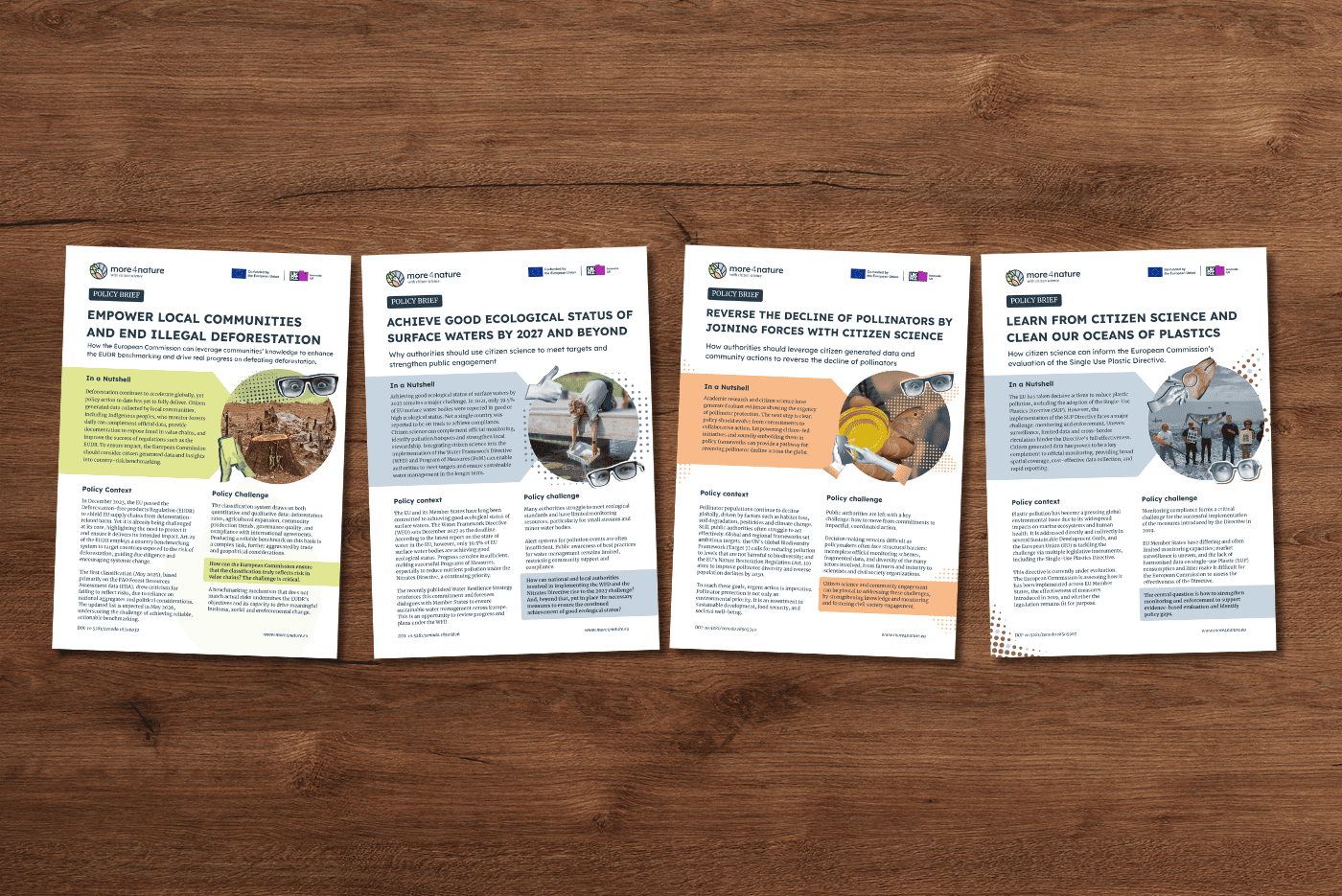 Covers of the four policy briefs on a wooden background.